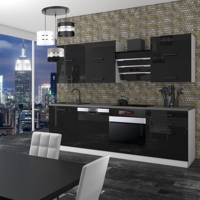 Meubles de cuisine Premium Version Complète 240 cm brillance noir avec plan de travail Fabricant INF MADISON/0/WT/B/B/B1