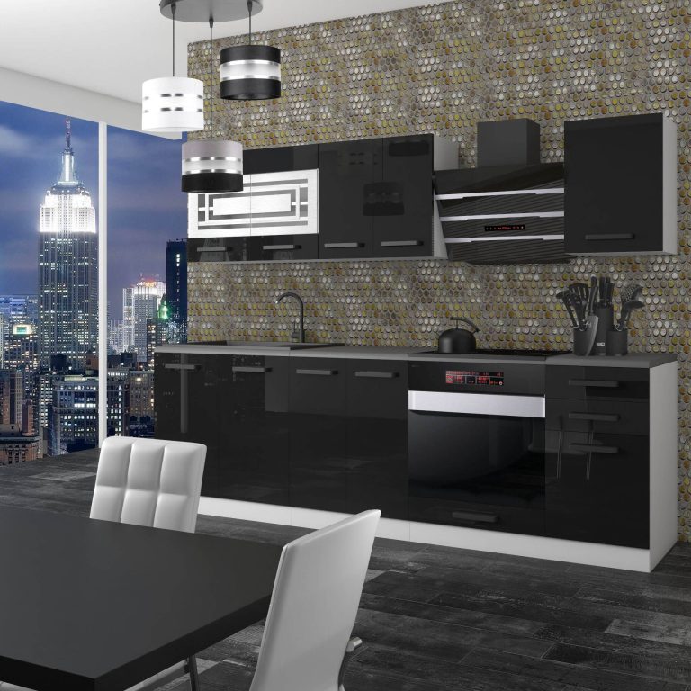 Meubles de cuisine Premium Version Complète 240 cm brillance noir avec plan de travail Fabricant INF MARGARET/0/WT/B/B/B1