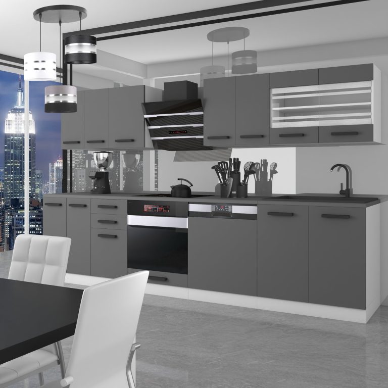 Meubles de cuisine Premium Version Complète 300 cm gris graphite anthracite avec plan de travail Fabricant TOR LUCY/0/WT/SR/B/B1
