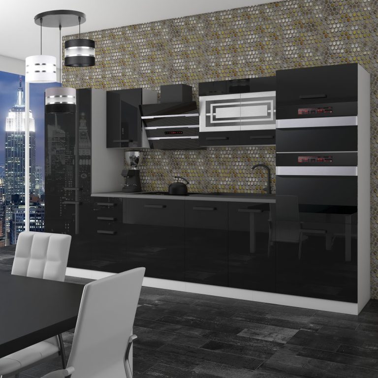 Meubles de cuisine Premium Version Complète 300 cm brillance noir avec plan de travail Fabricant INF MILA/0/WT/B/B/B1