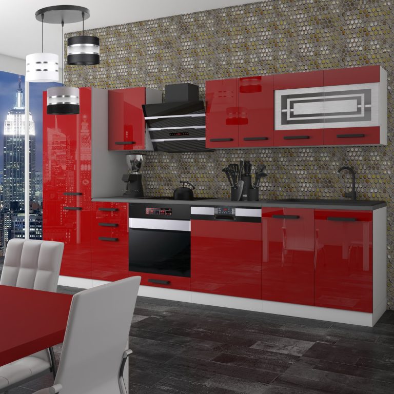 Meubles de cuisine Premium Version Complète 300 cm brillance rouge avec plan de travail Fabricant INF CINDY/0/WT/R/B/B1