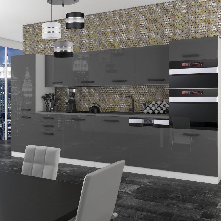 Meubles de cuisine Premium Version Complète 360 cm brillance gris avec plan de travail Fabricant INF NAOMI/0/WT/S/B/B1