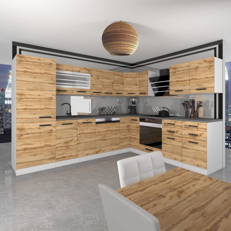 Meubles de cuisine Premium Version Complète 520 cm en chêne chêne wotan chêne sonoma avec plan de travail Fabricant TOR JULIE/0/WT/DW/B/B1

