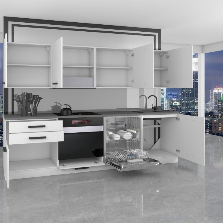 Meubles de cuisine Premium Version Complète 240 cm brillance blanc avec plan de travail Fabricant INF ALICE/0/WT/W/B/ B1