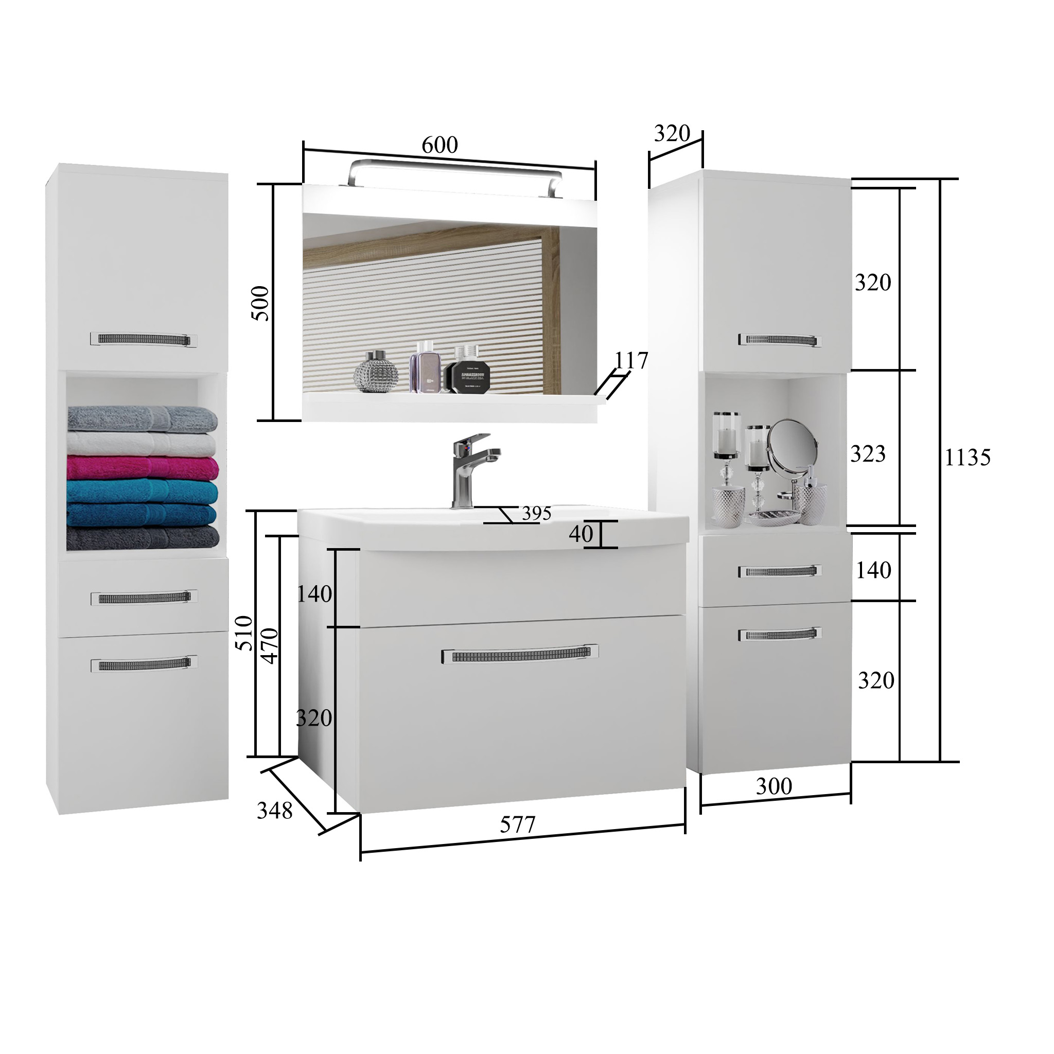 Ensemble de meubles de salle de bain Glamour 107 GLA P 6/0/W/SB/0/MB/PP