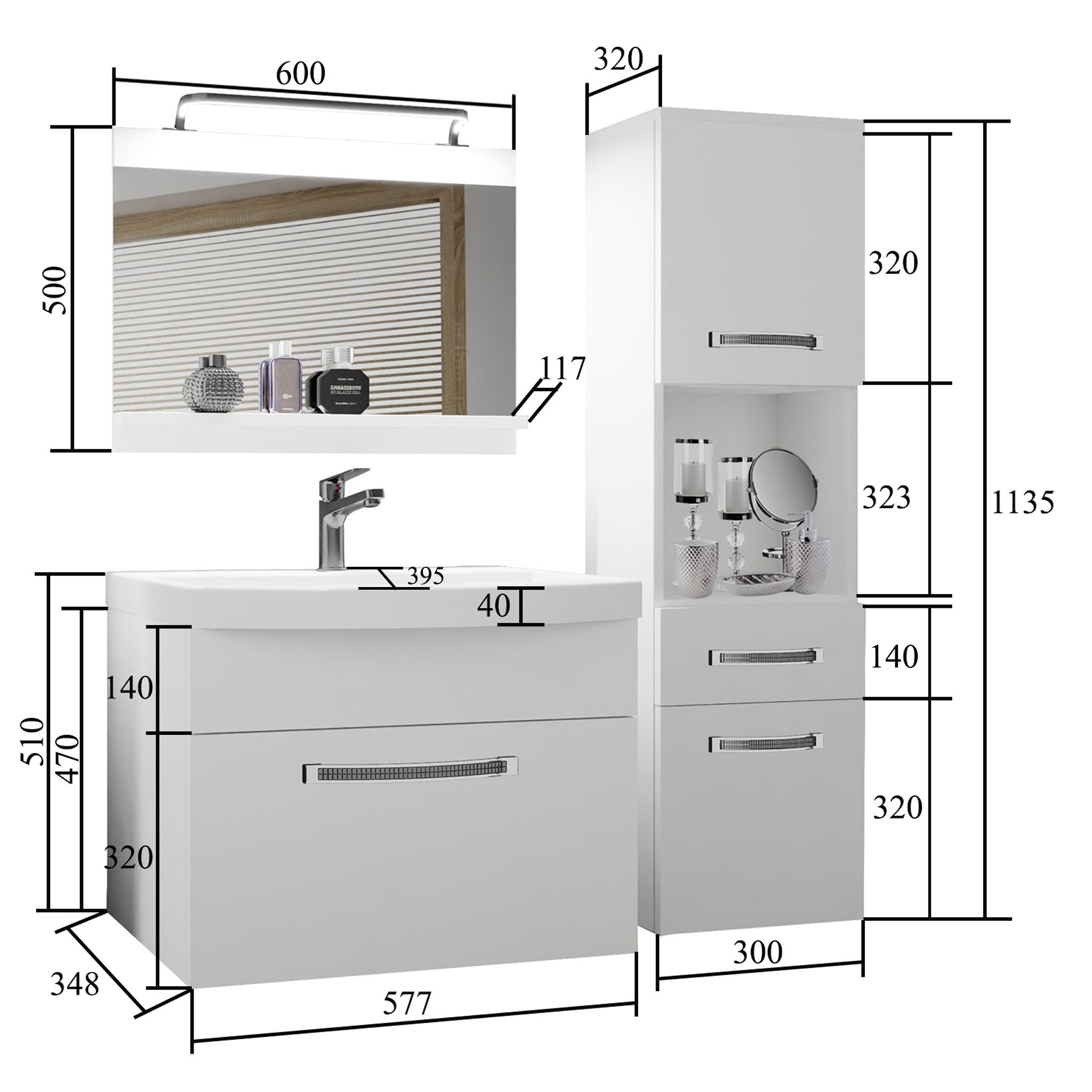 Ensemble de meubles de salle de bain Glamour 53 GLA PM 3/0/W/SSR/0/MB/PP