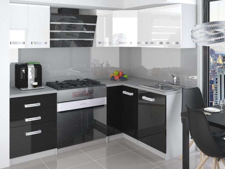 Meubles de cuisine 300 cm blanc brillant noir brillant avec plan de travail Fabricant INF ARMIN/3/WT/WB/0/D