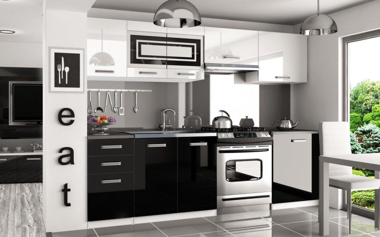 Meubles de cuisine 240 cm blanc brillant noir brillant avec plan de travail Fabricant INF MARIKA/4/WT/WB/0/F