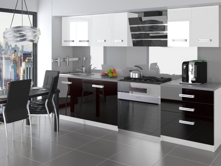 Meubles de cuisine 180 cm blanc brillant noir brillant avec plan de travail Fabricant INF SONIK2/2/WT/WB/0/B1