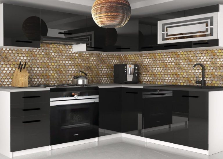 Meubles de cuisine 360 cm noir brillant avec plan de travail Fabricant INF LIDIA2/6/WT/B/0/B1