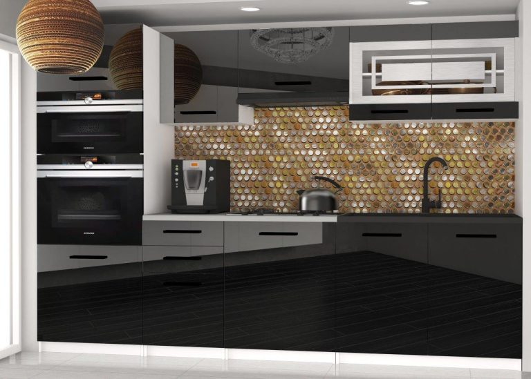 Meubles de cuisine 240 cm noir brillant avec plan de travail Fabricant INF PAULA2/4/WT/B/0/B1