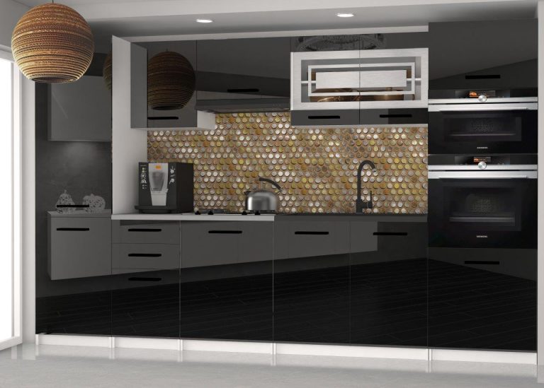 Meubles de cuisine 300 cm noir brillant avec plan de travail Fabricant INF SYNTKA2/5/WT/B/0/B1