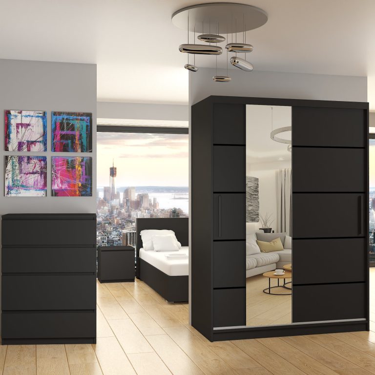 Armoire 133 cm Belini noir mat avec portes coulissantes, miroir et tiroirs Fabricant MBP SZP6/1/B/B/0/KLP