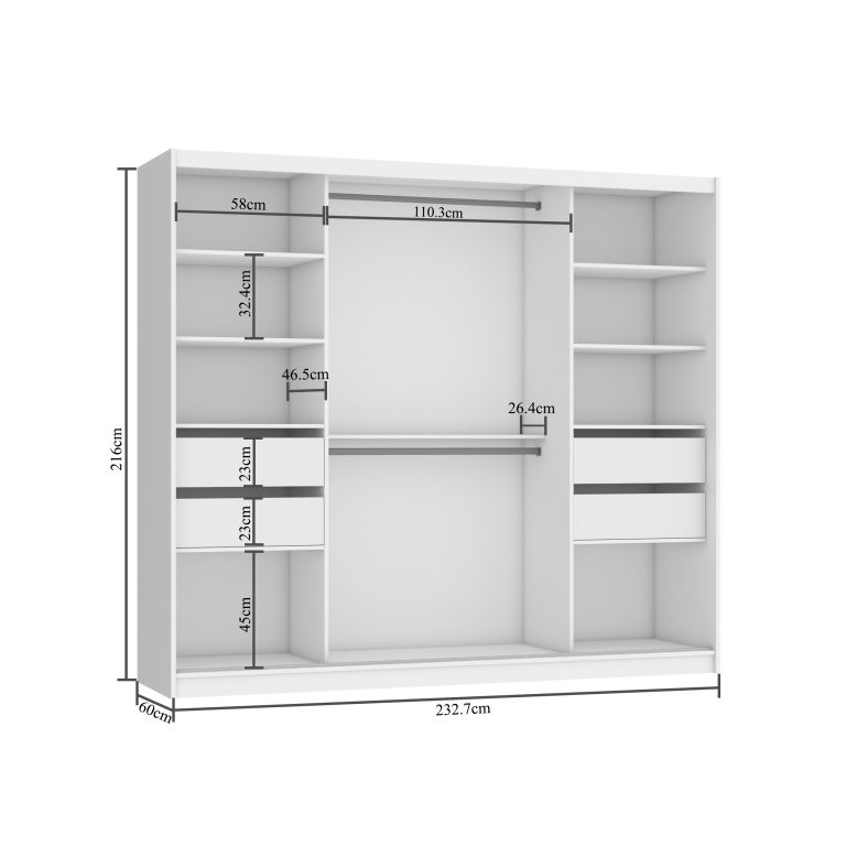 Armoire 235 cm Belini blanc mat / noir mat avec portes coulissantes miroir et tiroirs Fabricant MBP SZP8/0/1W/2B1L/0/KLAL