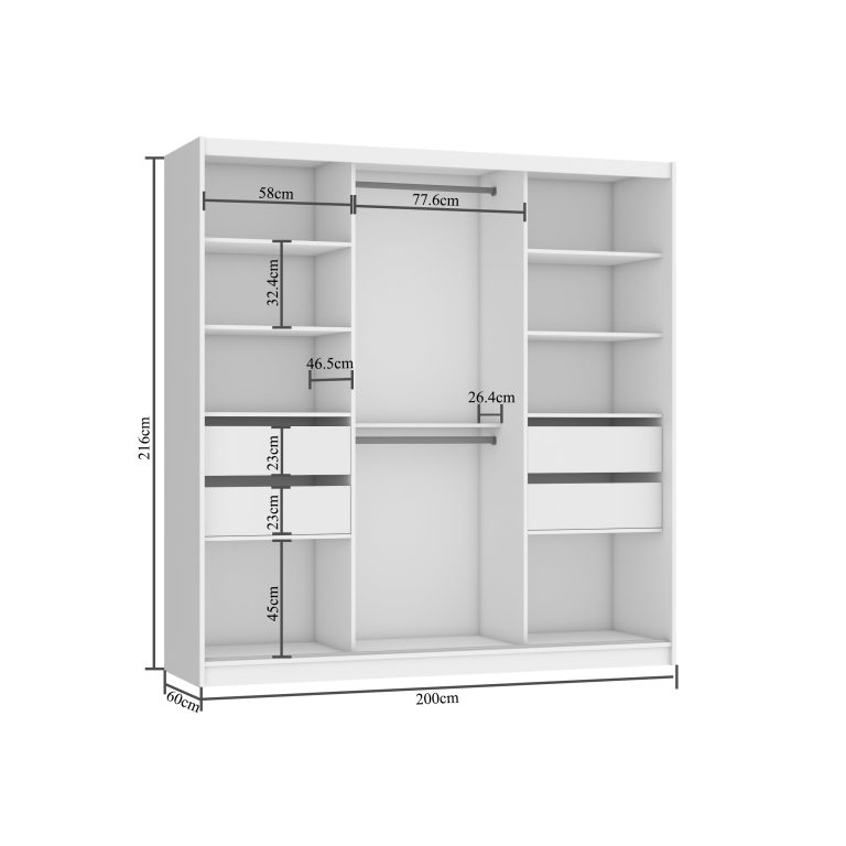 Armoire 200 cm Belini blanc mat / gris mat avec portes coulissantes miroir et tiroirs Fabricant MT SZP5/1/W/SR/0/KLAL