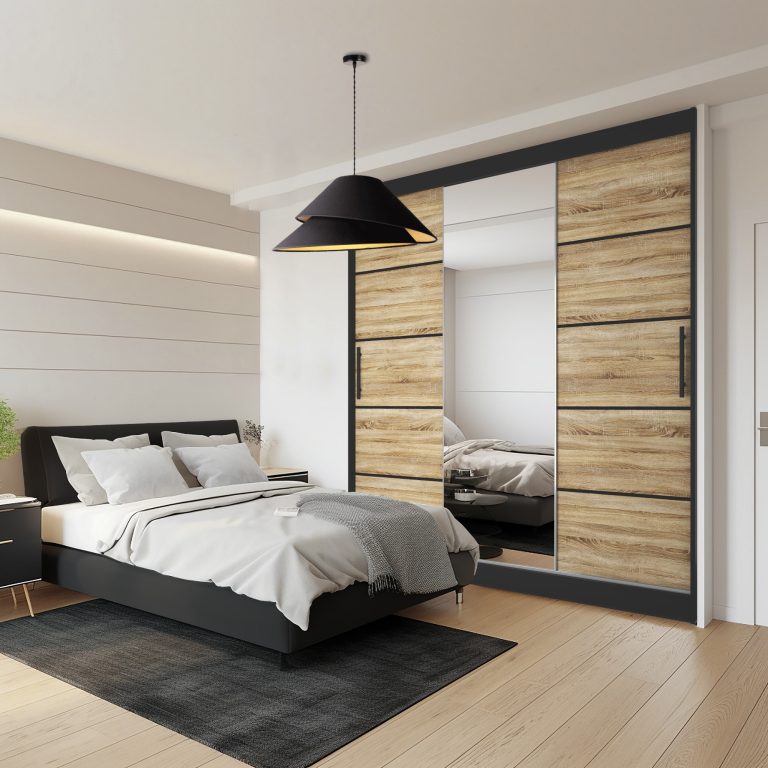 Armoire 200 cm Belini noir mat / chêne sonoma avec portes coulissantes, miroir et tiroirs Fabricant MT SZP5/1/B/DS/0/KLP