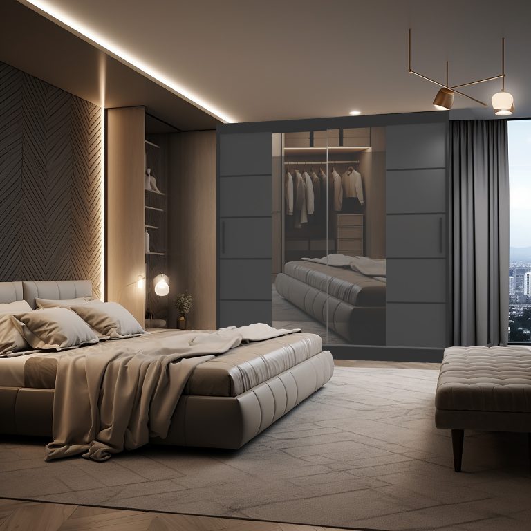 Armoire 200 cm Belini noir mat / gris mat avec portes coulissantes miroir et tiroirs Fabricant ME SZP5/1/B/SR/0/KLP
