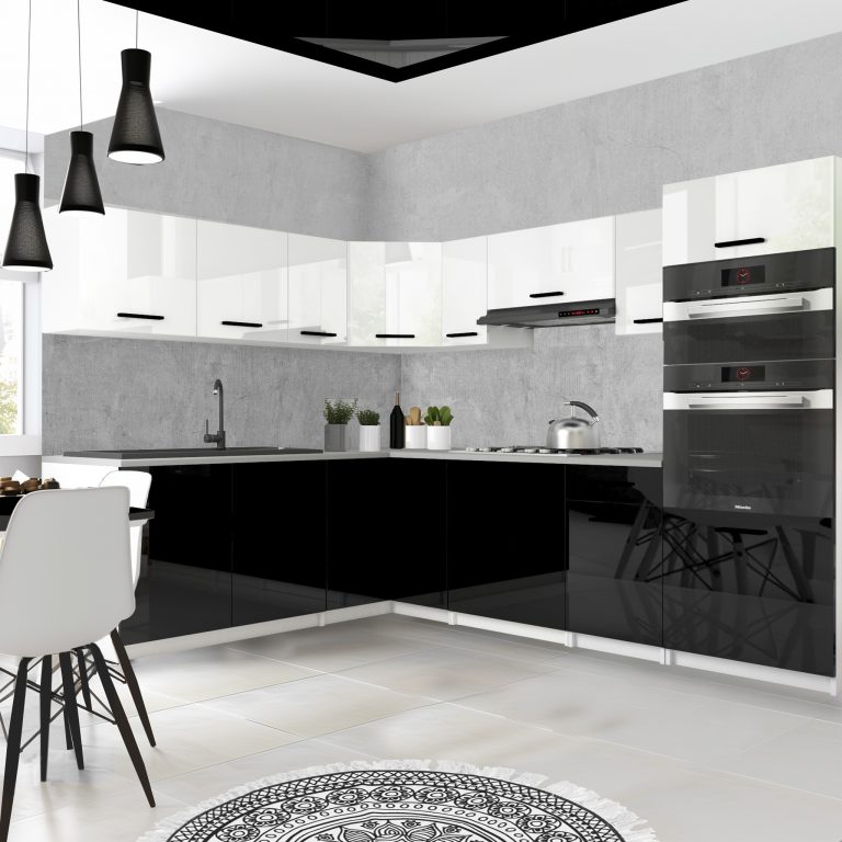 Meubles de cuisine 420 cm blanc brillant noir brillant avec plan de travail Fabricant INF UNIQAGRANDE/5/WT/WB/0/B1