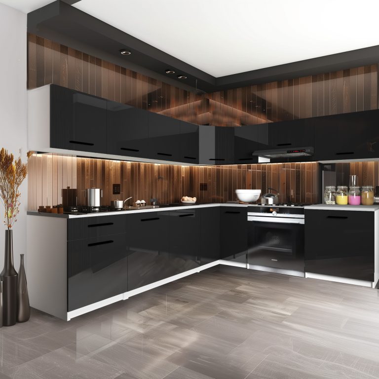 Meubles de cuisine 420 cm noir brillant avec plan de travail Fabricant INF UNIQAPLUS/4/WT/B/0/B1
