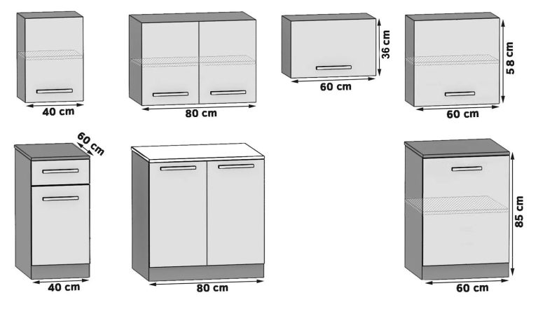 Meubles de cuisine 240 cm gris brillant sans plan de travail Fabricant INF UNIQA/3/WT/S/BB/B1