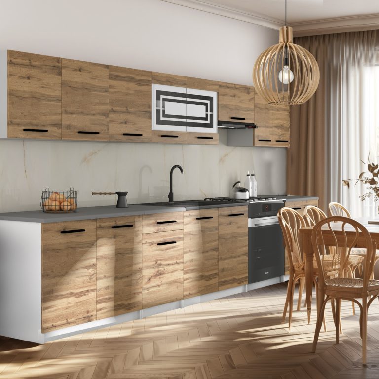 Cuisine 320 cm chêne wotan / chêne sonoma avec plan de travail – Producteur TOR PRIMO320/4/WT/DW/0/B1