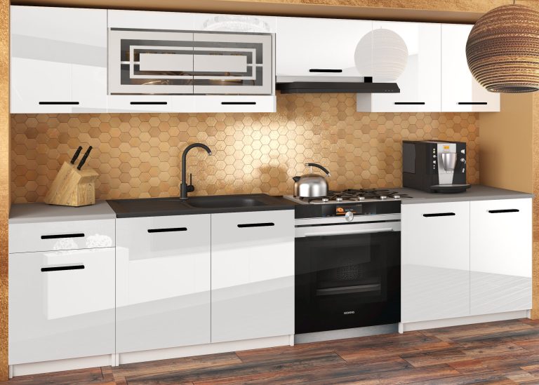 Meubles de cuisine JUSTYNA 260 cm, blanc brillant sans plan de travail - Fabricant INF JUSTYNA/0/WT/W/BB/B1
