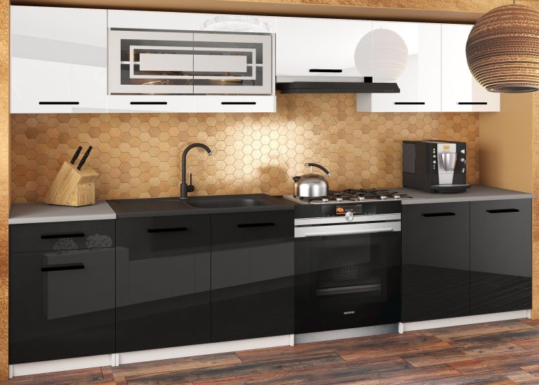 Meubles de cuisine JUSTYNA 260 cm, blanc brillant et noir brillant, sans plan de travail - Fabricant INF JUSTYNA/0/WT/WB/BB/B1