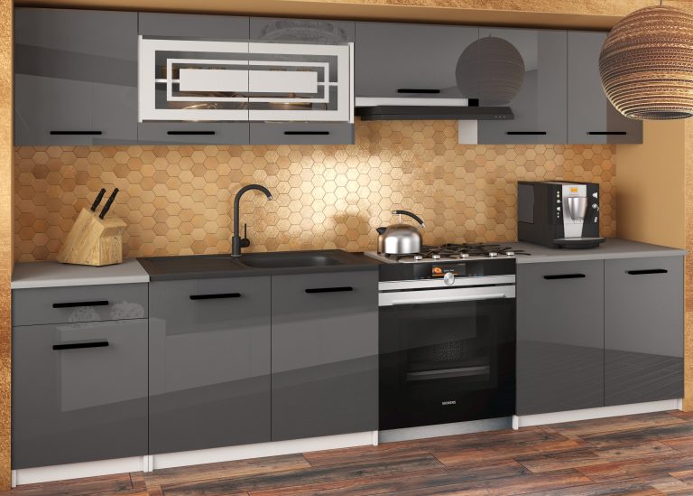 Meubles de cuisine JUSTYNA 260 cm, gris brillant, sans plan de travail - Fabricant INF JUSTYNA/0/WT/S/BB/B1