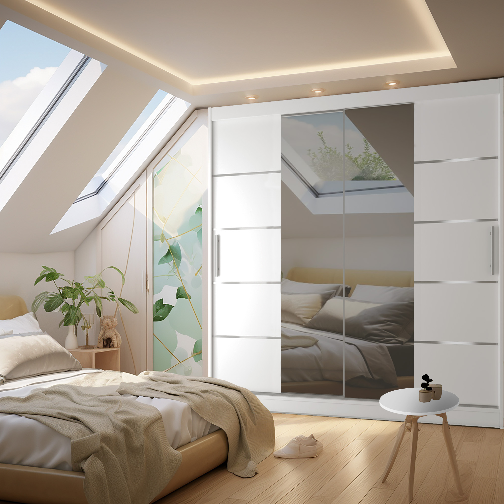 Chambre moderne avec fenêtres de toit et rangement élégant