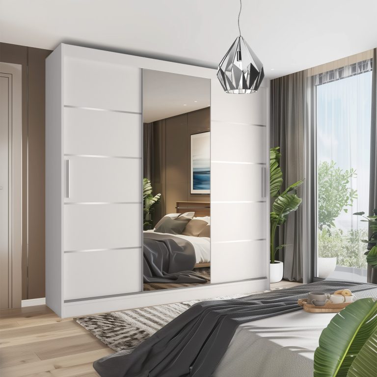 Armoire 235 cm Belini blanc mat avec portes coulissantes, miroir et tiroirs Fabricant MBP SZP8/0/1W/2W1L/0/KLAL