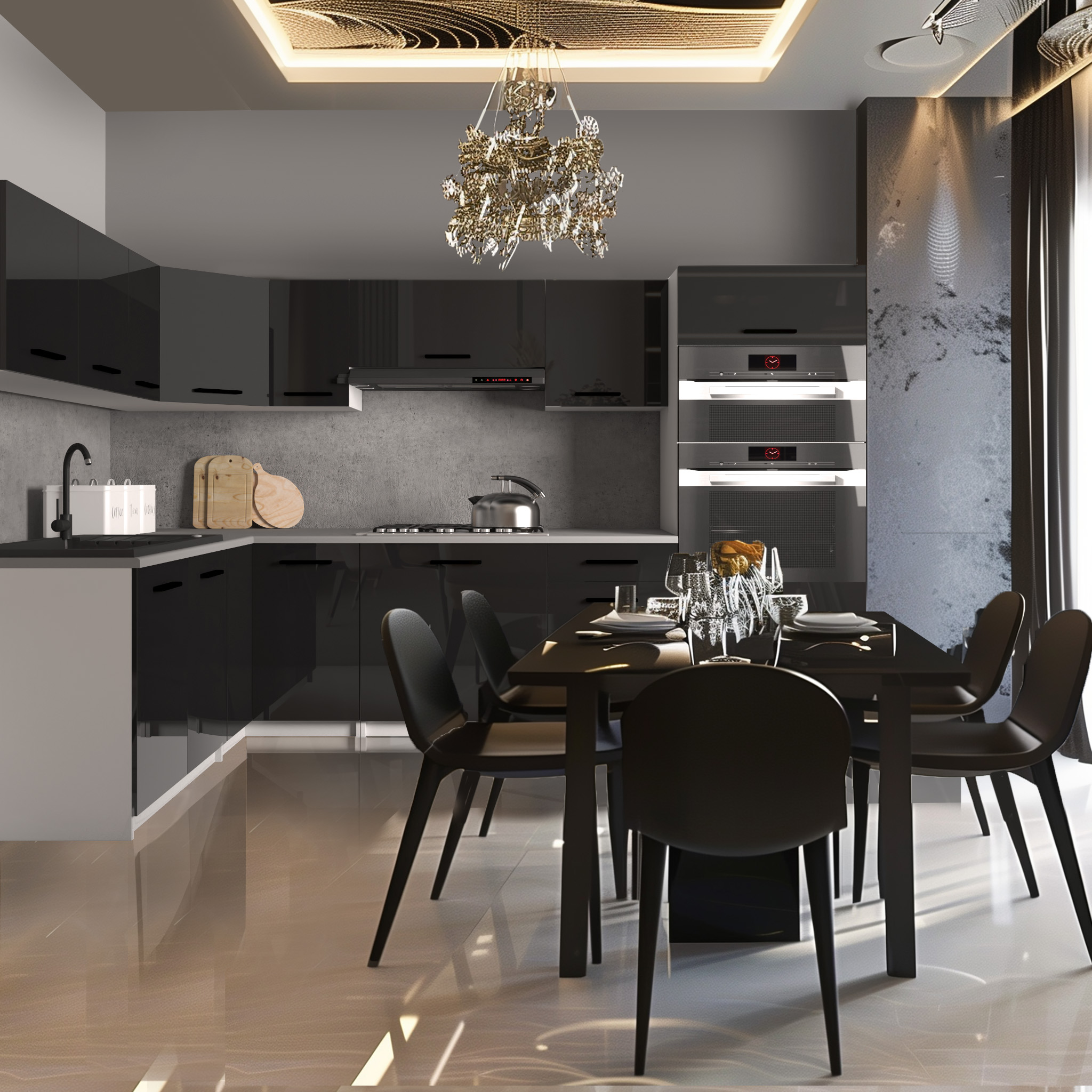 Cuisine moderne avec lustre en cristal