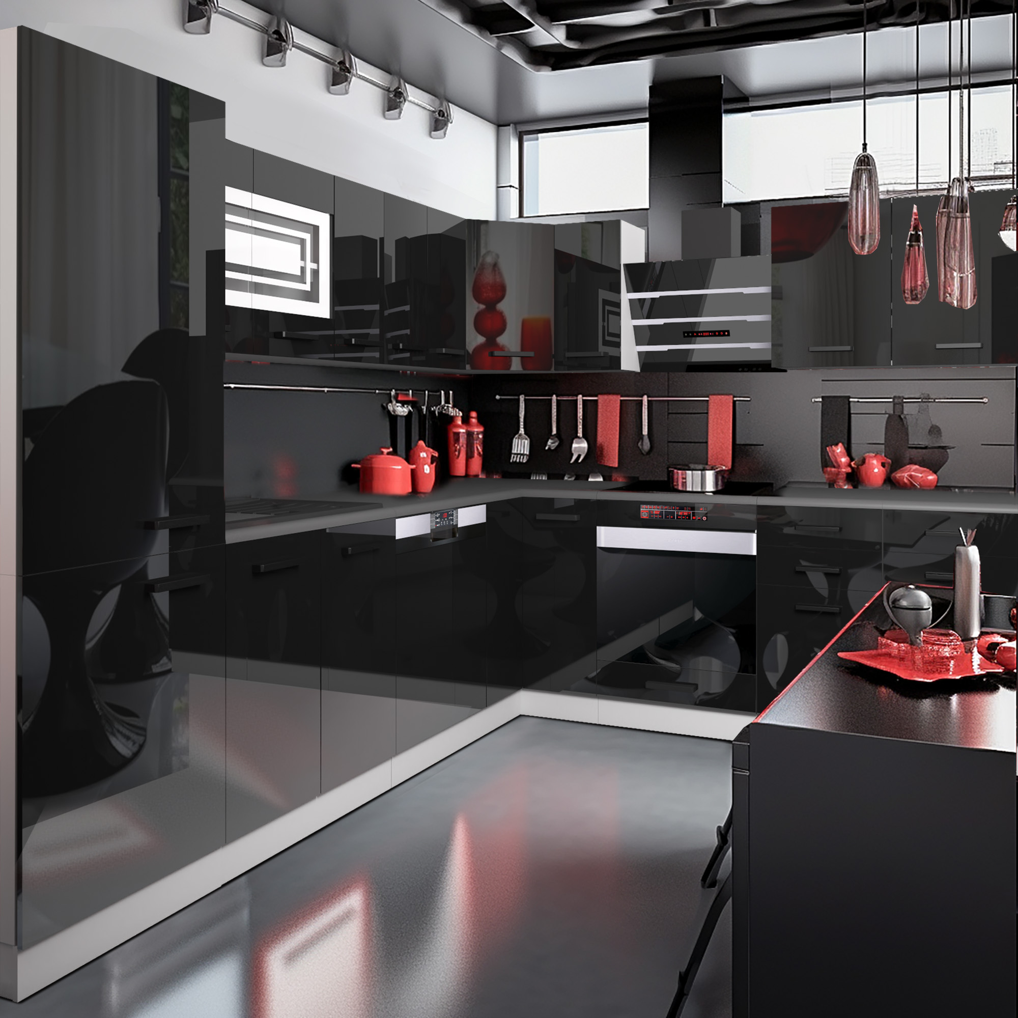 Cuisine avec armoires noires brillantes et accents rouges
