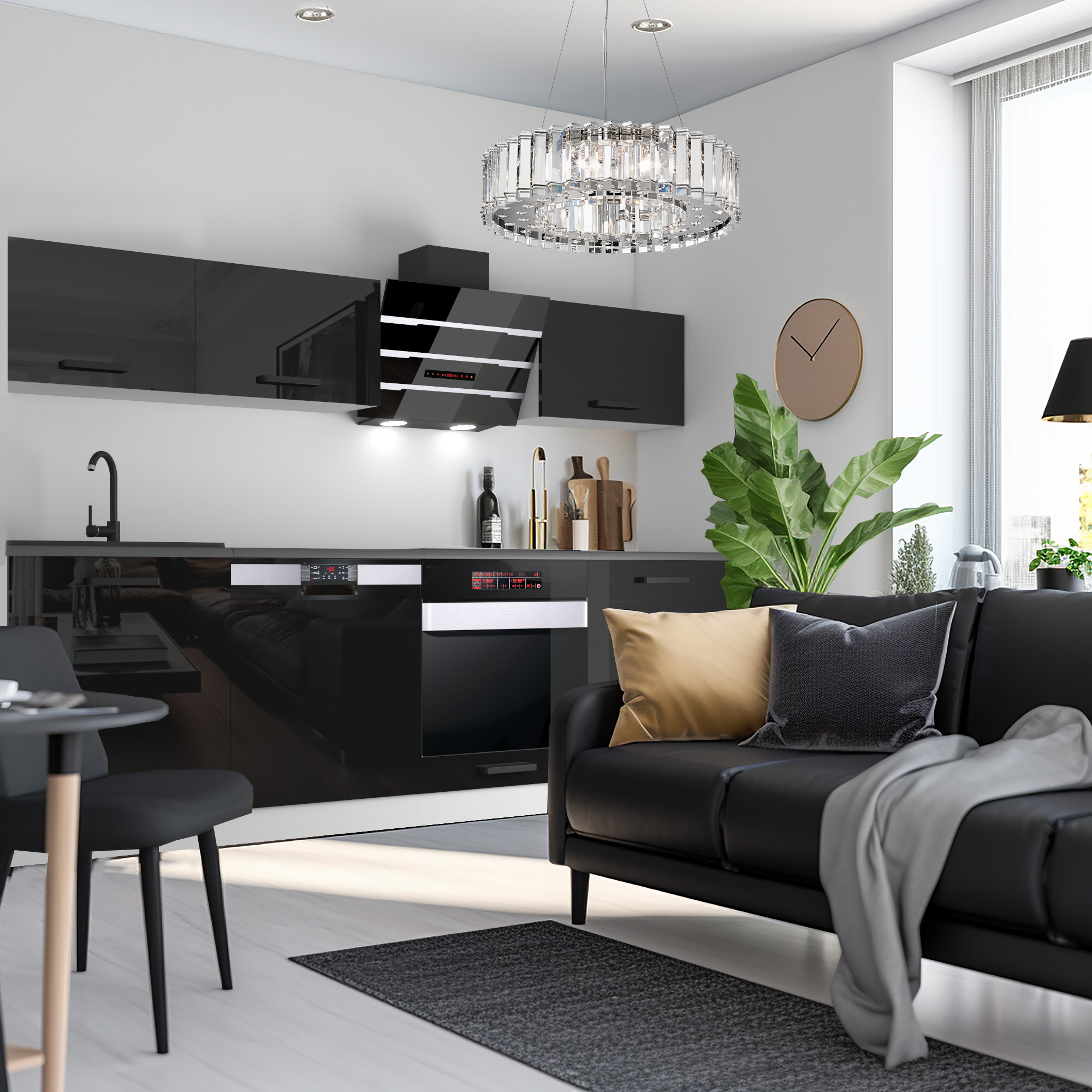 Cuisine moderne avec finition noire brillante et suspension élégante