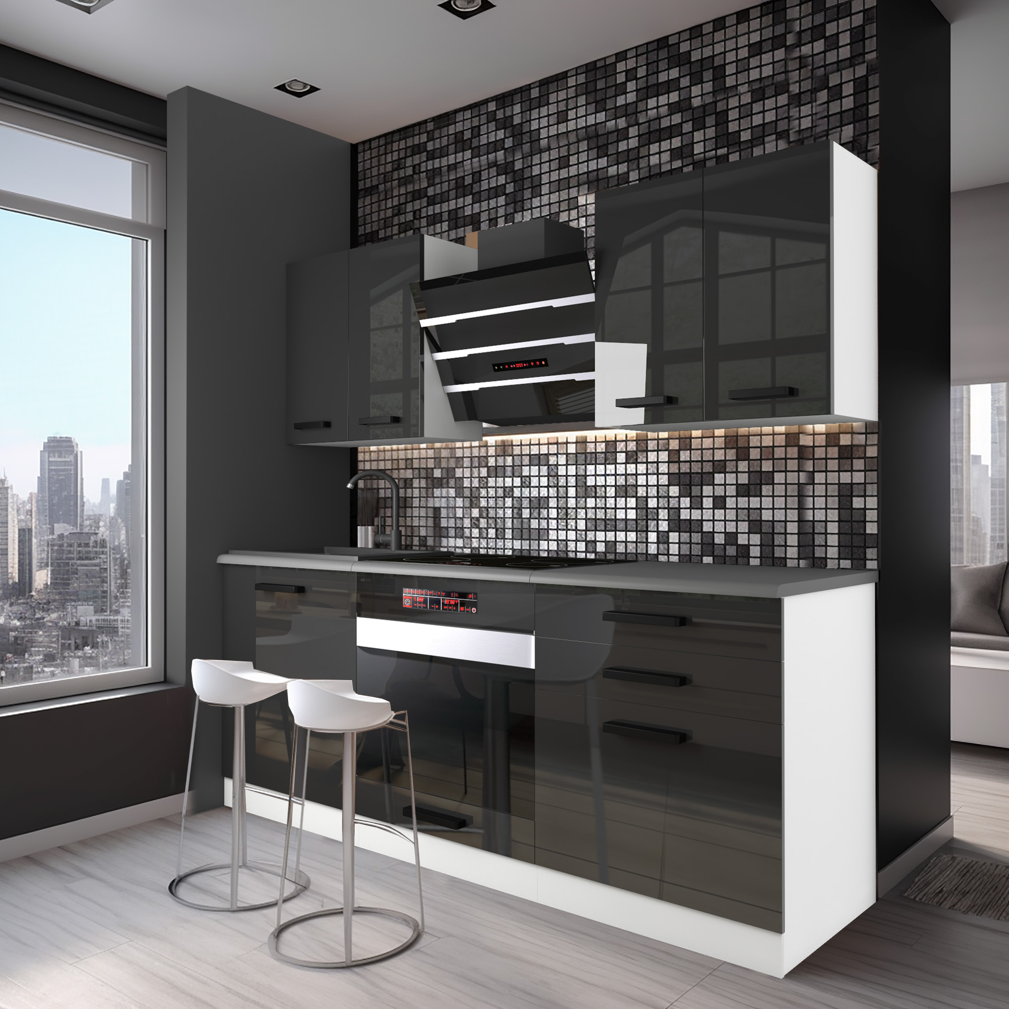 Cuisine moderne noire avec carreaux mosaïques