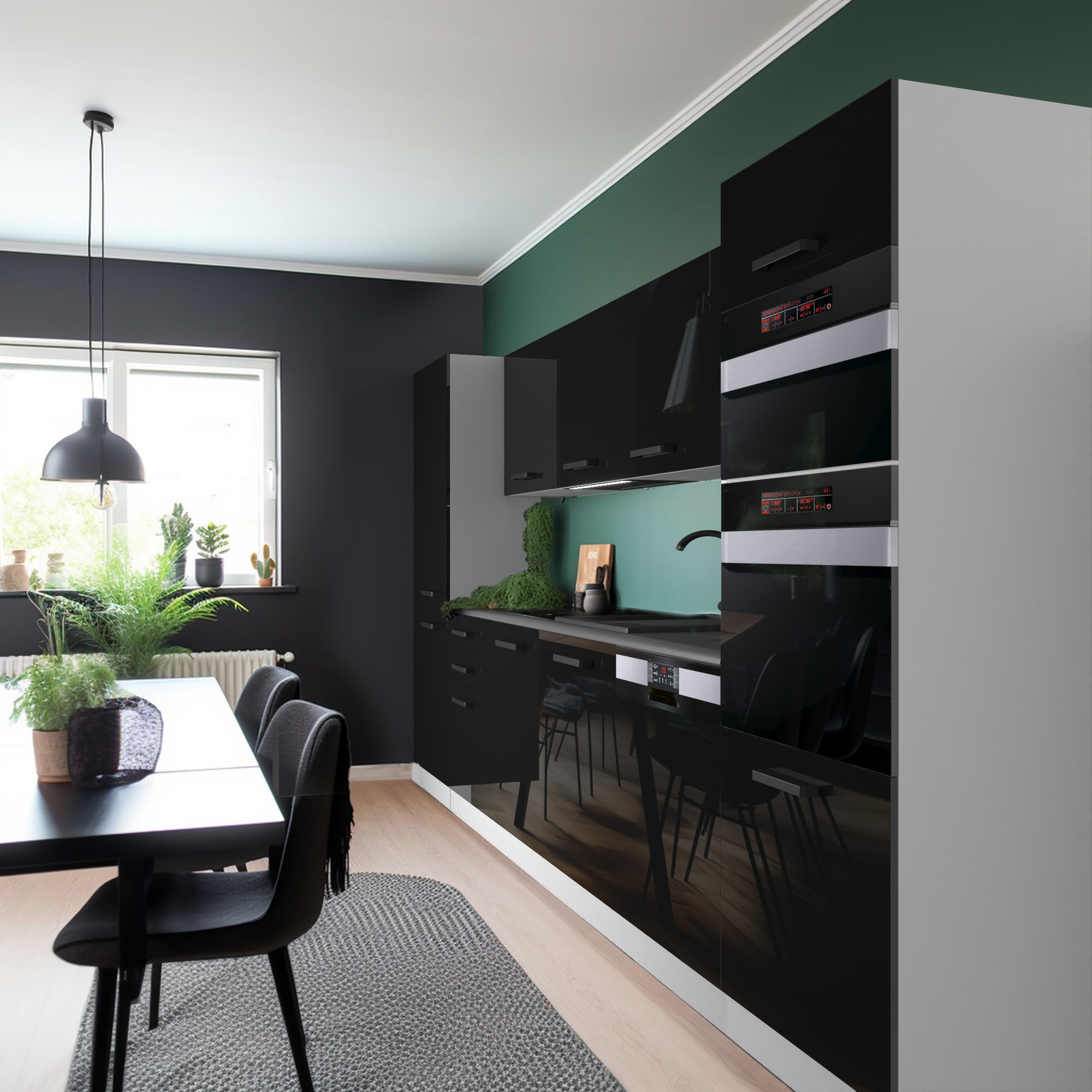 Cuisine moderne avec armoires noires brillantes
