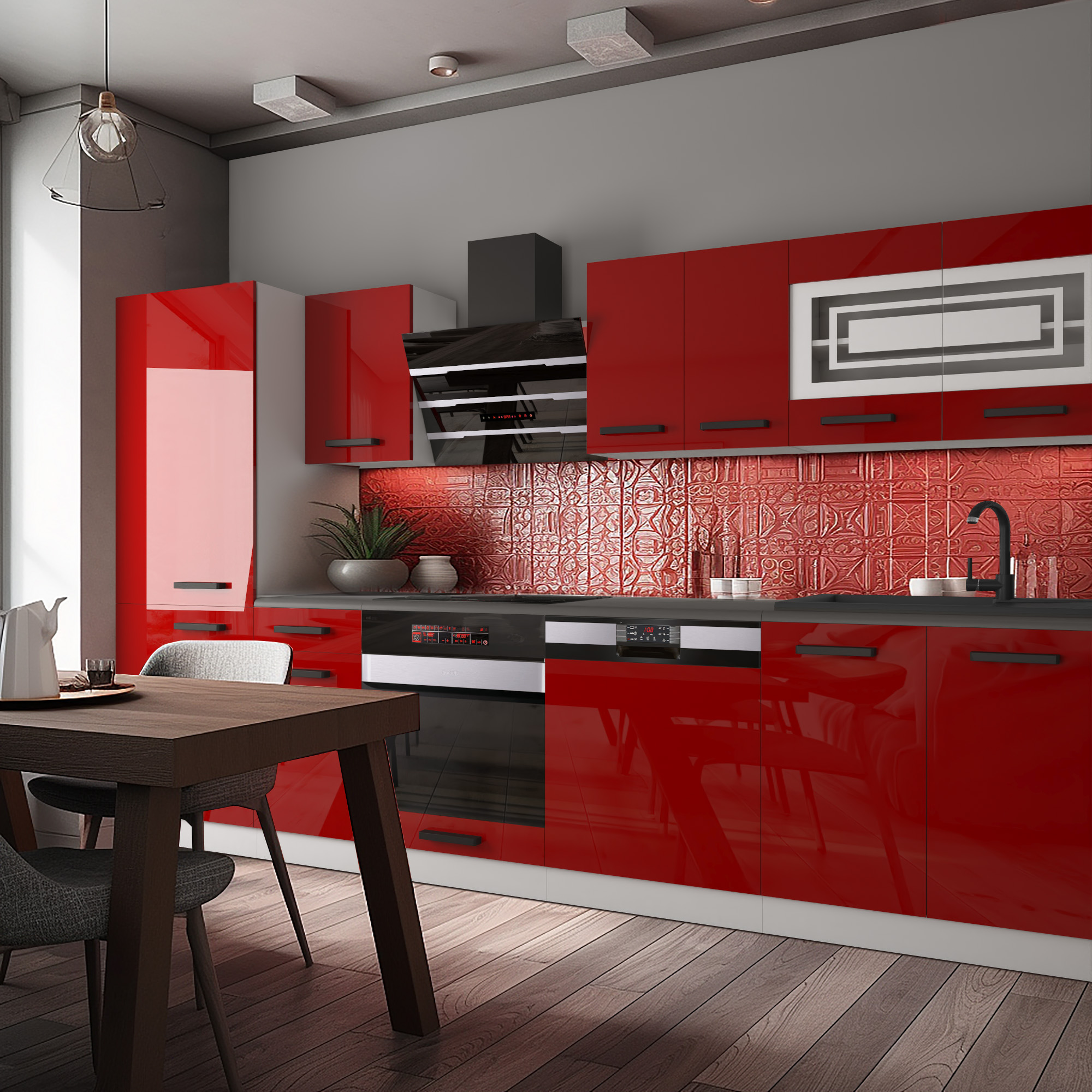 Cuisine rouge et bois sombre avec carreaux texturés