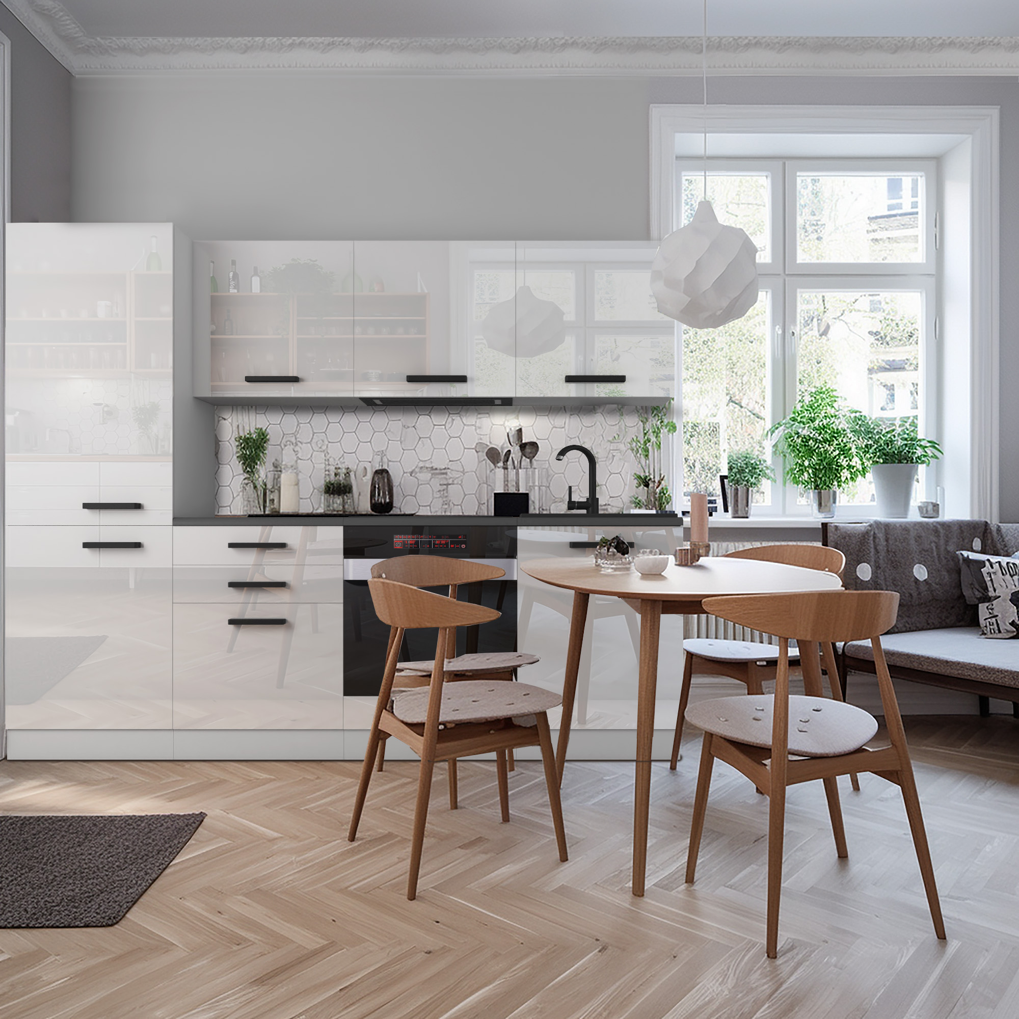 Cuisine avec table en bois et armoire blanche