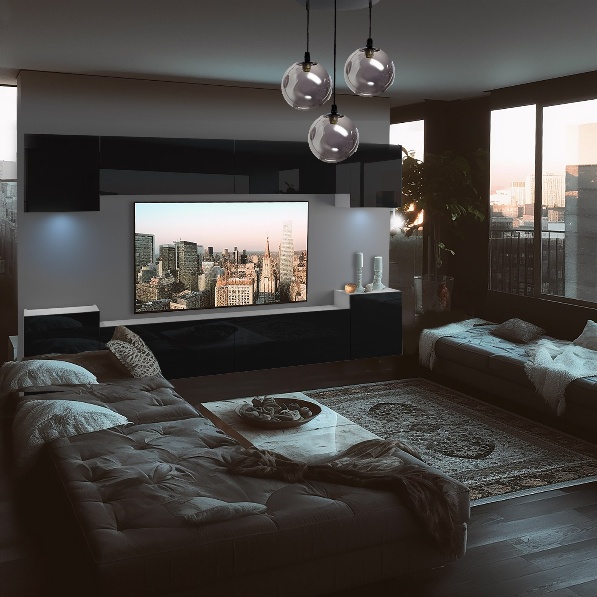 Salon moderne avec télévision et mobilier élégant
