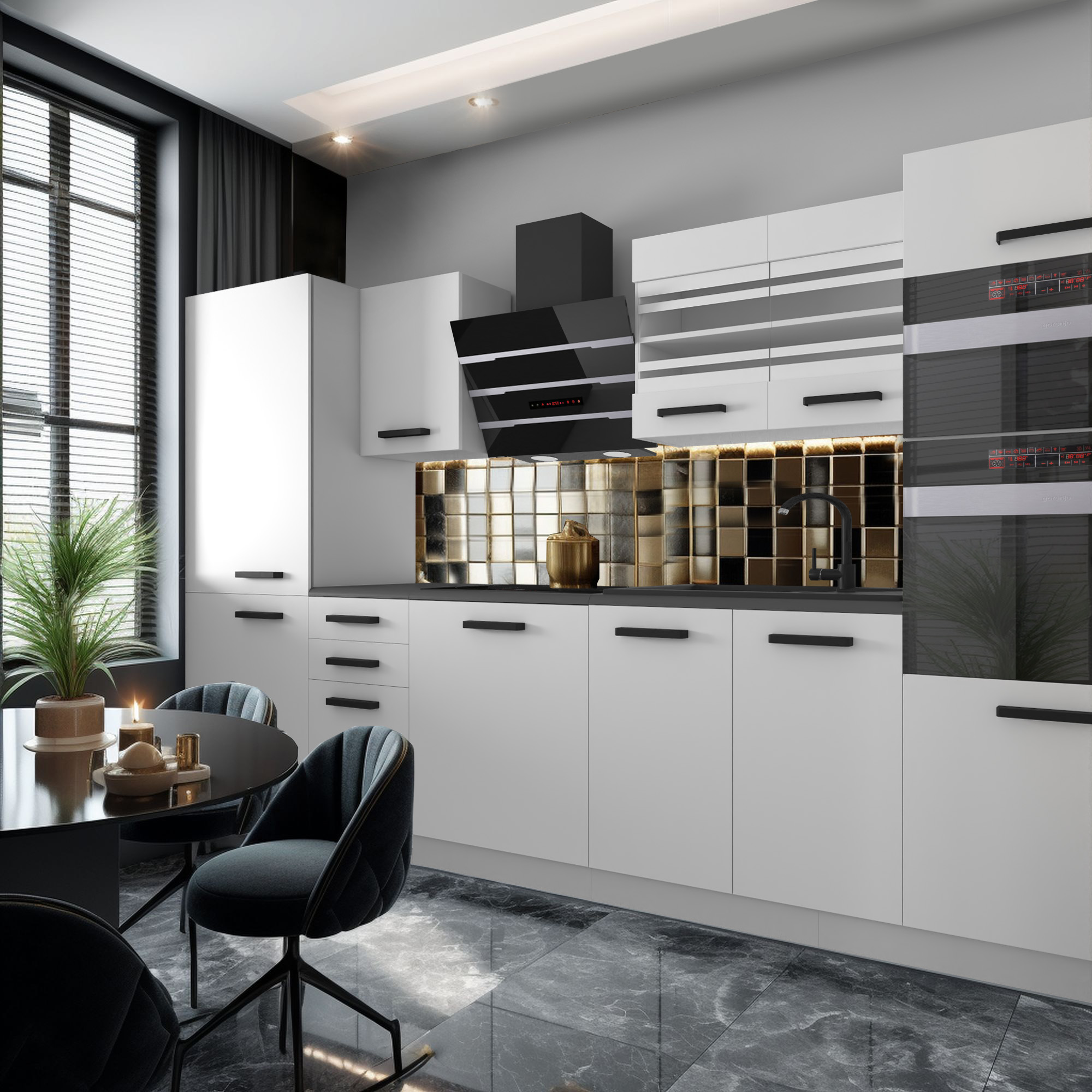 Cuisine moderne avec détails dorés et design épuré