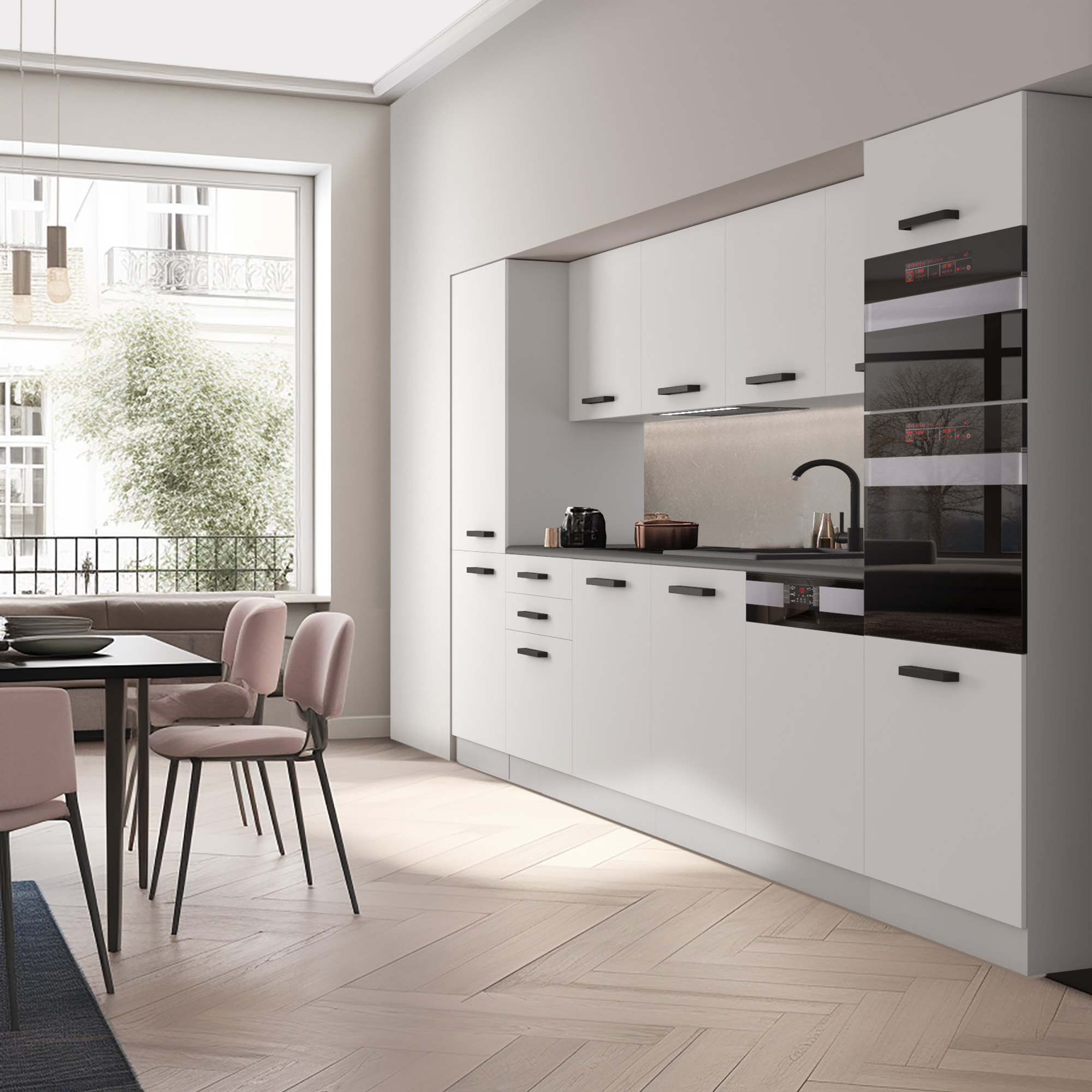 Cuisine moderne avec des armoires blanches et table à manger