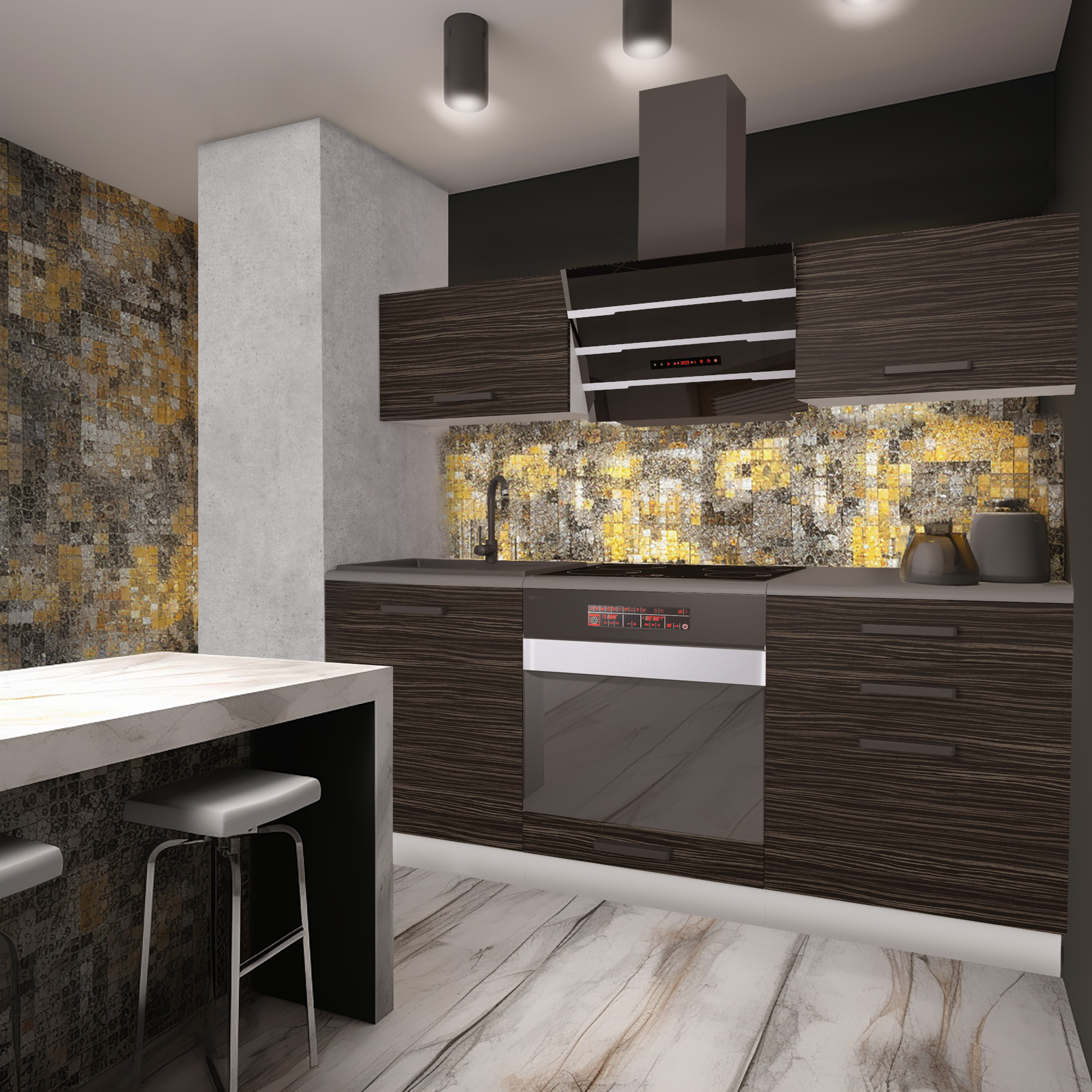Cuisine élégante avec mosaïque dorée et bois sombre