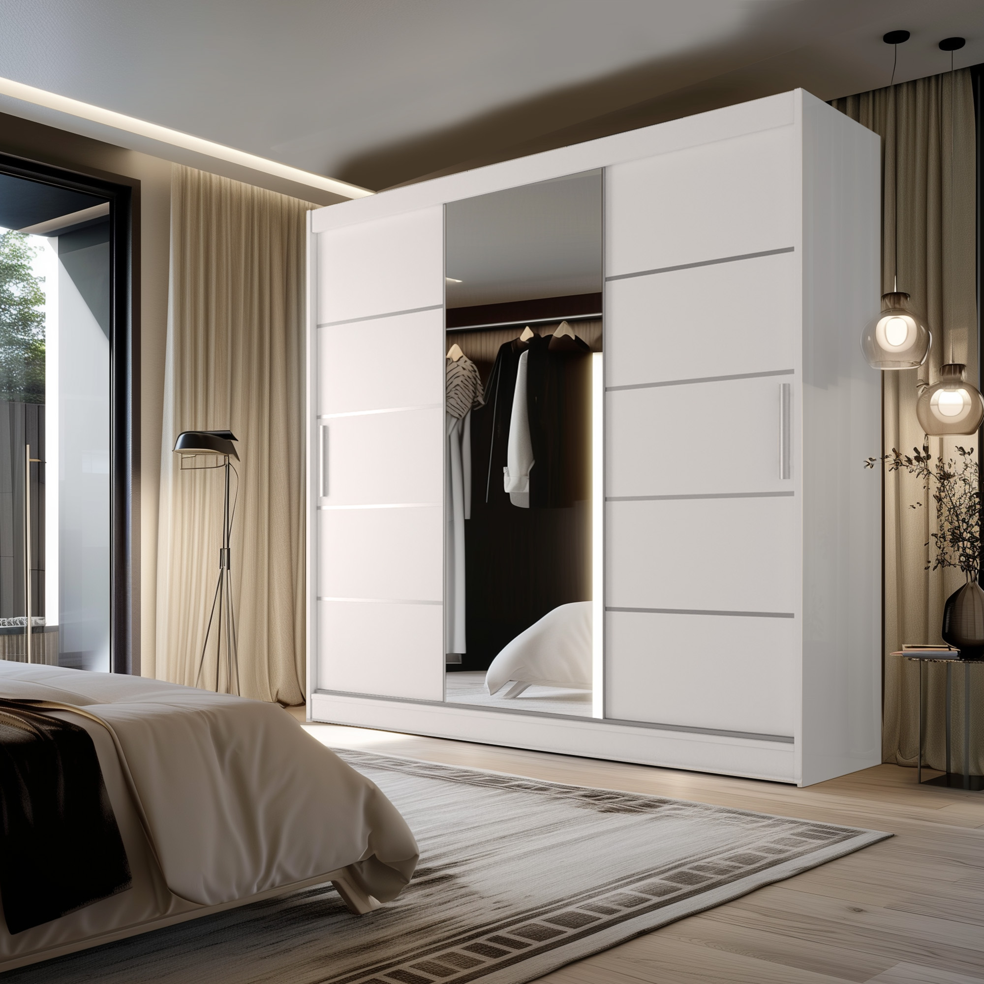 Chambre avec armoire blanche et éclairage doux
