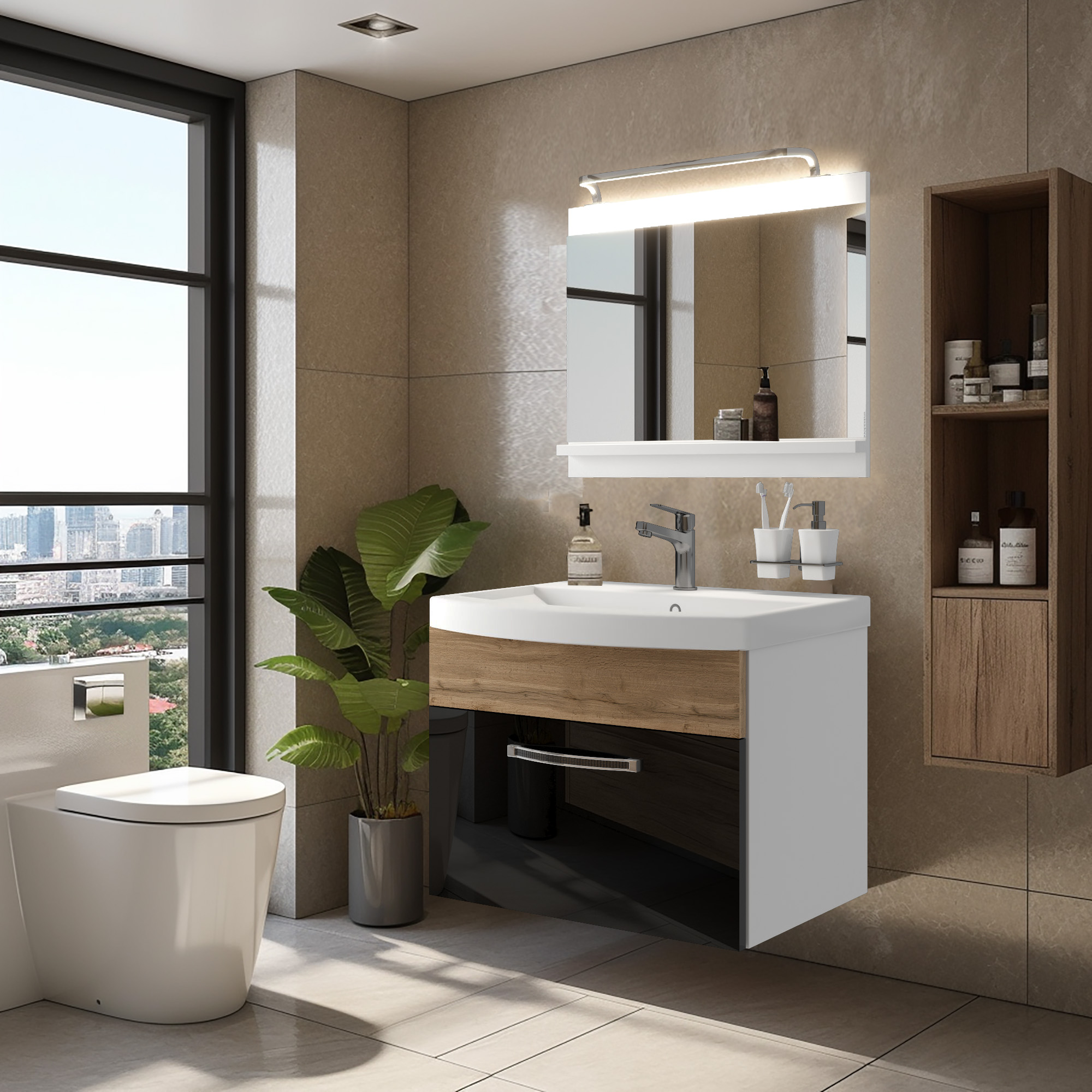Salle de bain avec meuble sous-vasque et plante verte