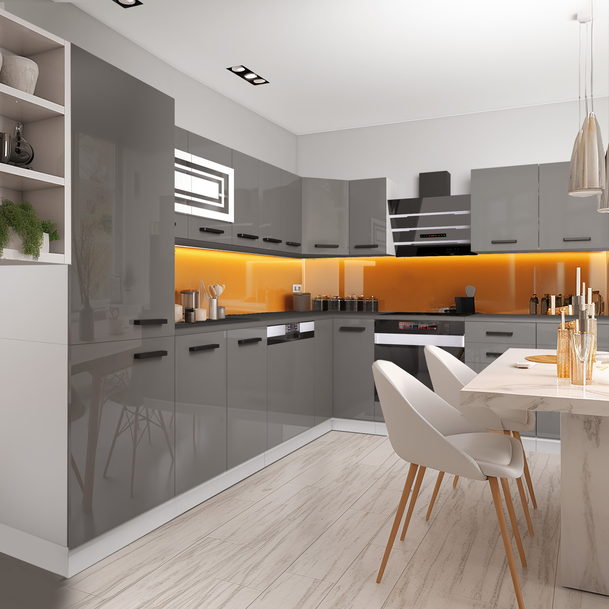 Cuisine grise avec éclairage orange vif
