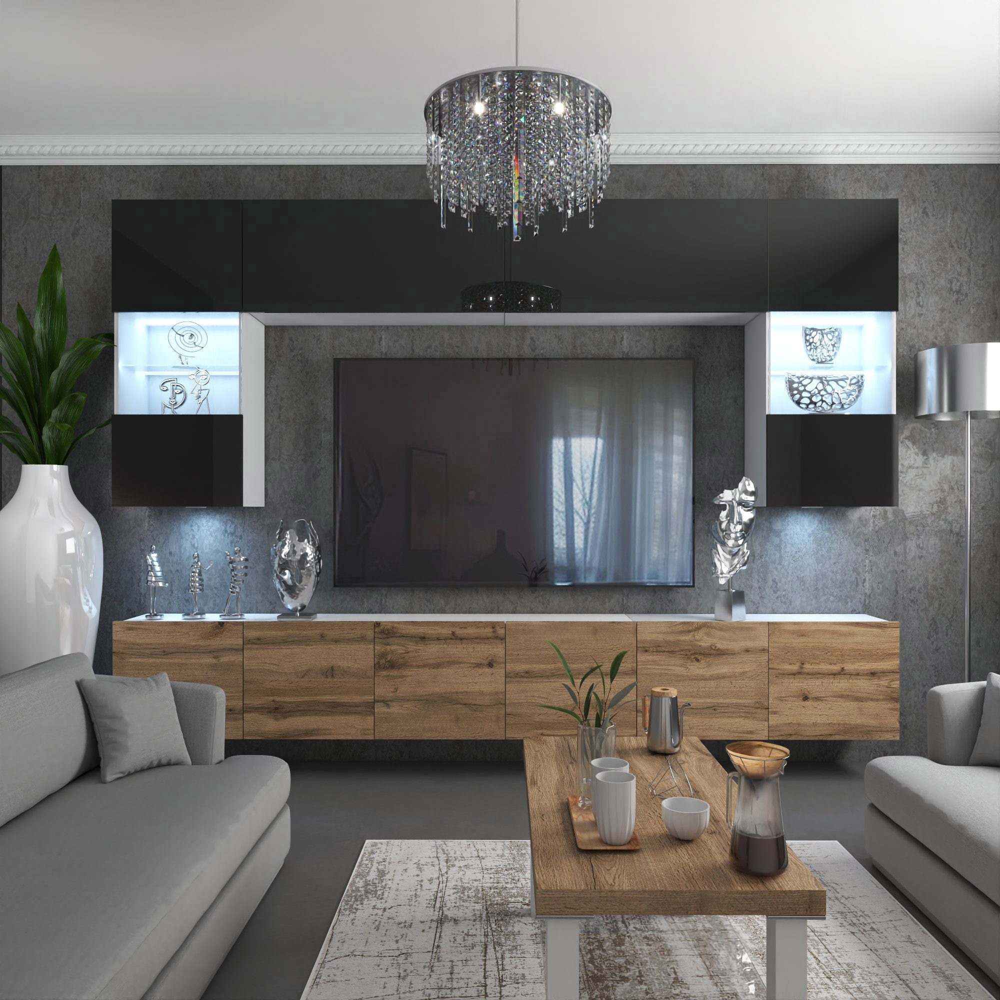 Salon avec meubles en bois et éclairages élégants.