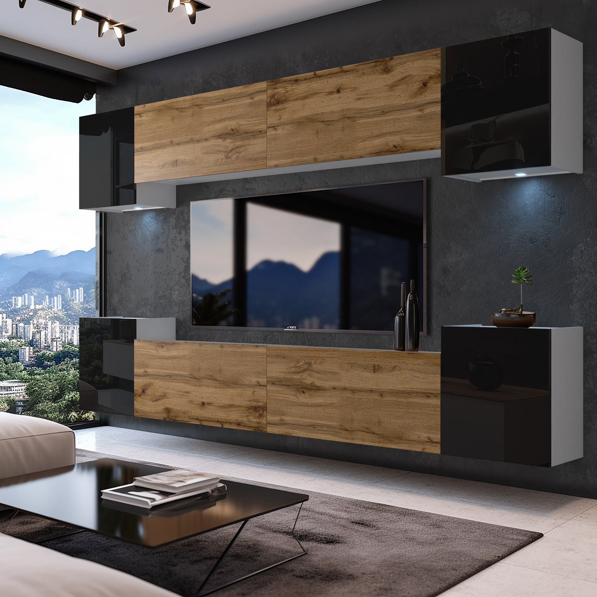 Mobilier en bois et noir dans un salon moderne