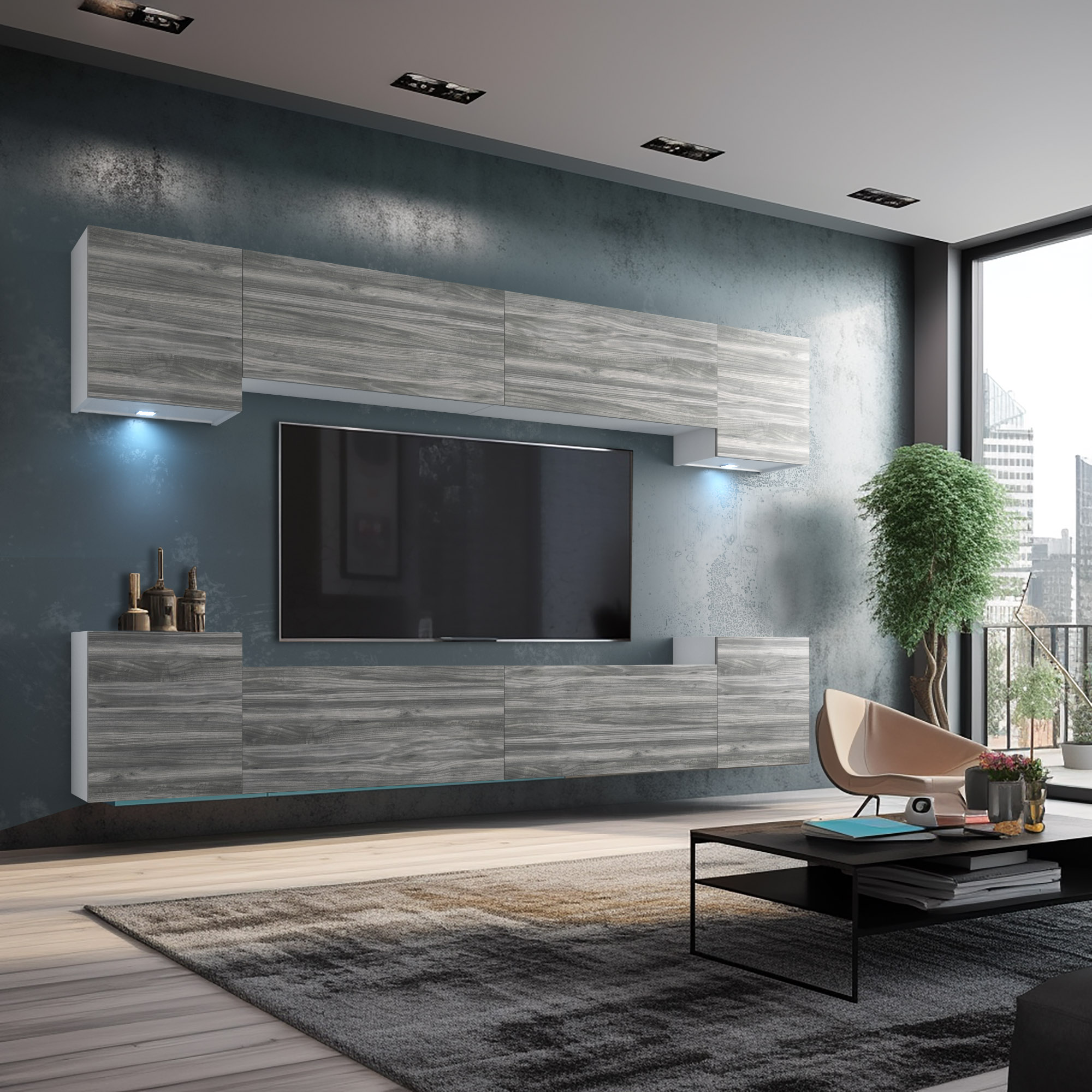 Salon avec mur d'armoires en bois gris