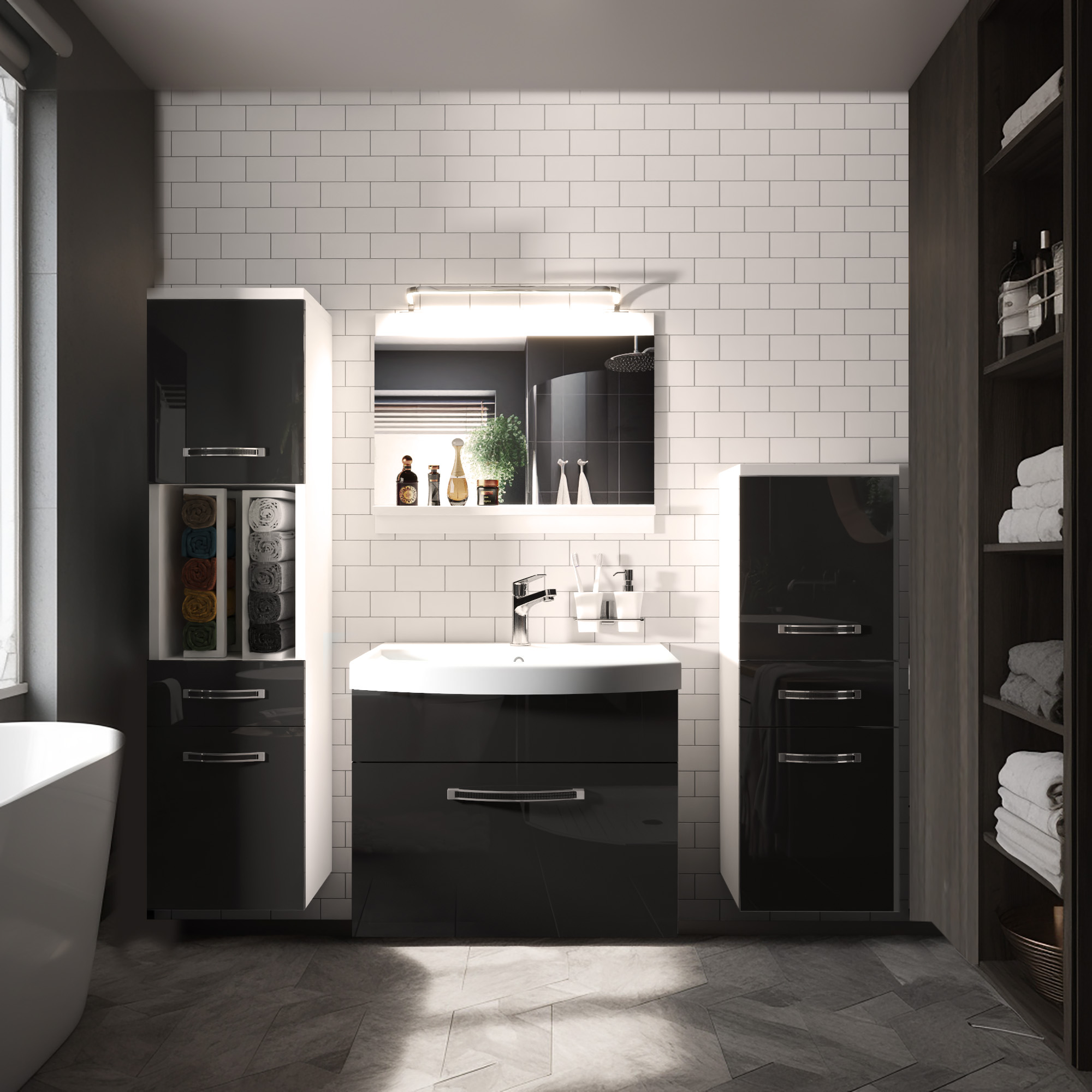 Salle de bain avec meubles sombres et carrelage blanc