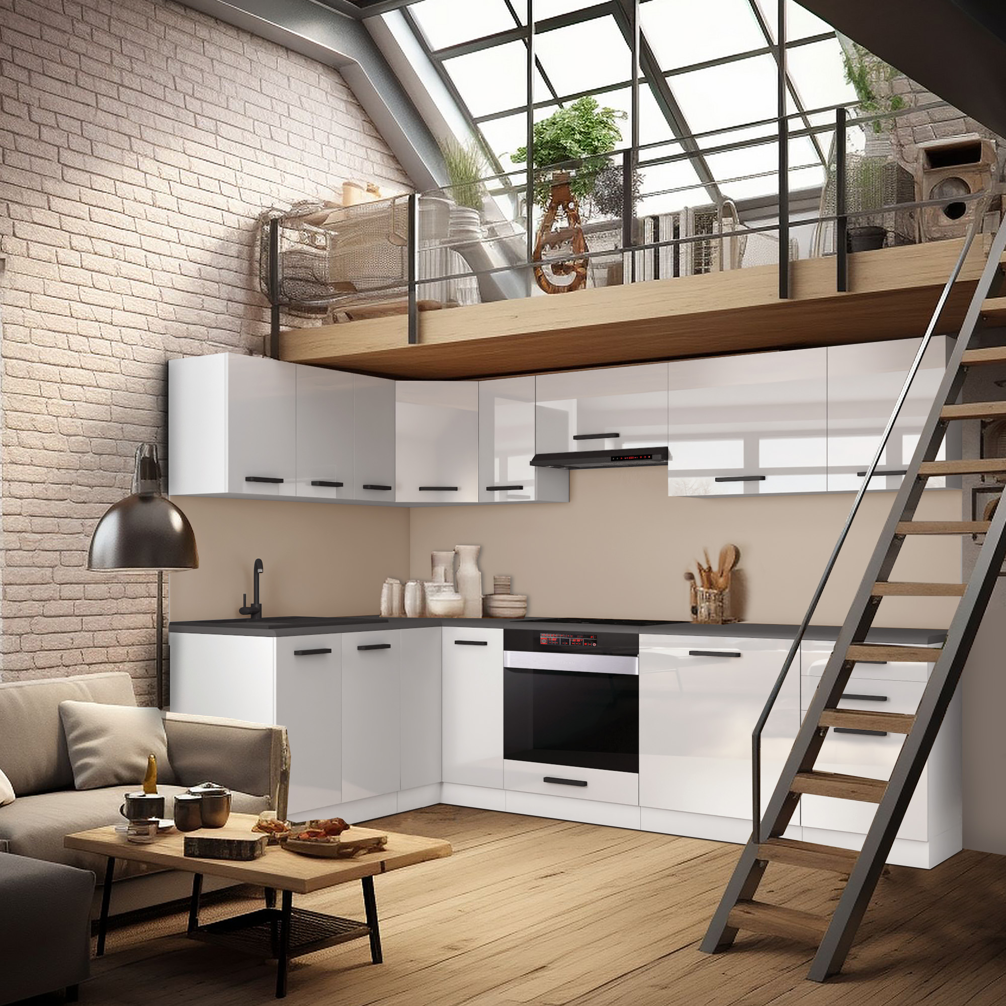 Cuisine en loft avec échelle en bois et mur de briques