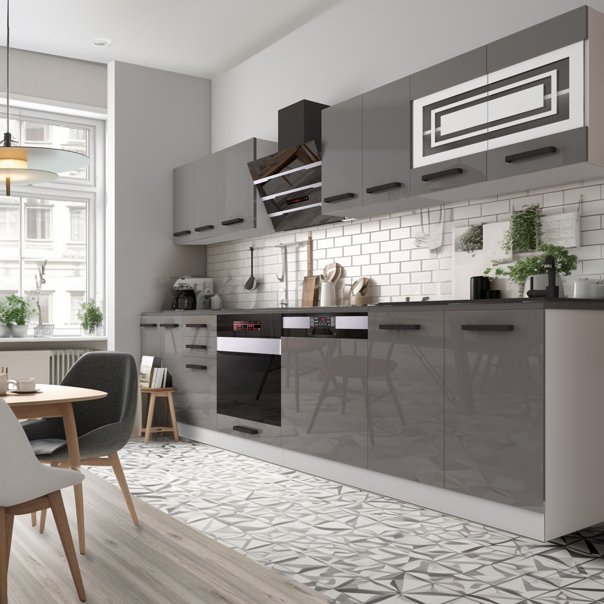 Cuisine avec façades grises brillantes